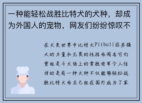 一种能轻松战胜比特犬的犬种，却成为外国人的宠物，网友们纷纷惊叹不已